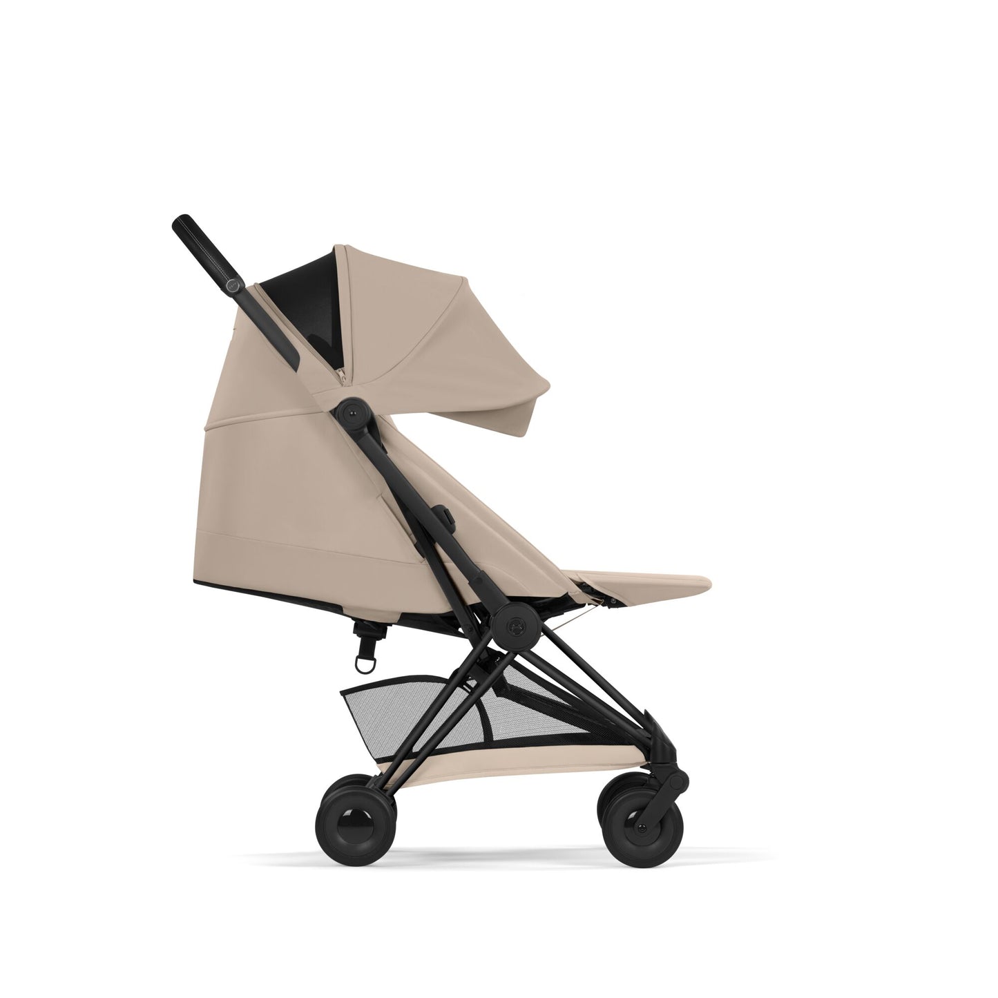 Cybex Coya Pushchair and carrycot in cozy beige colourway on a matt black chassis.