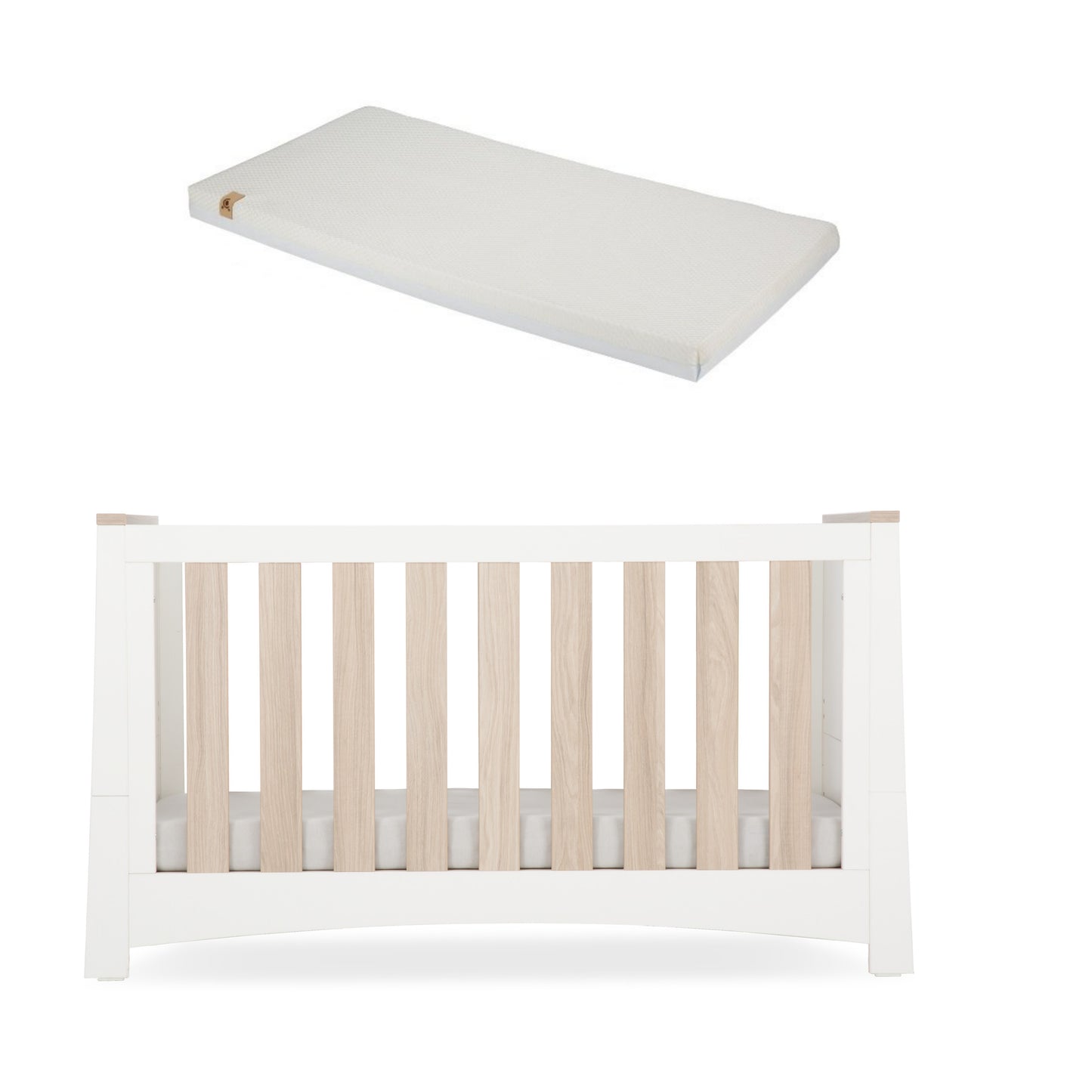 Ada cotbed in white and ash with a CuddleCo lullaby mattress