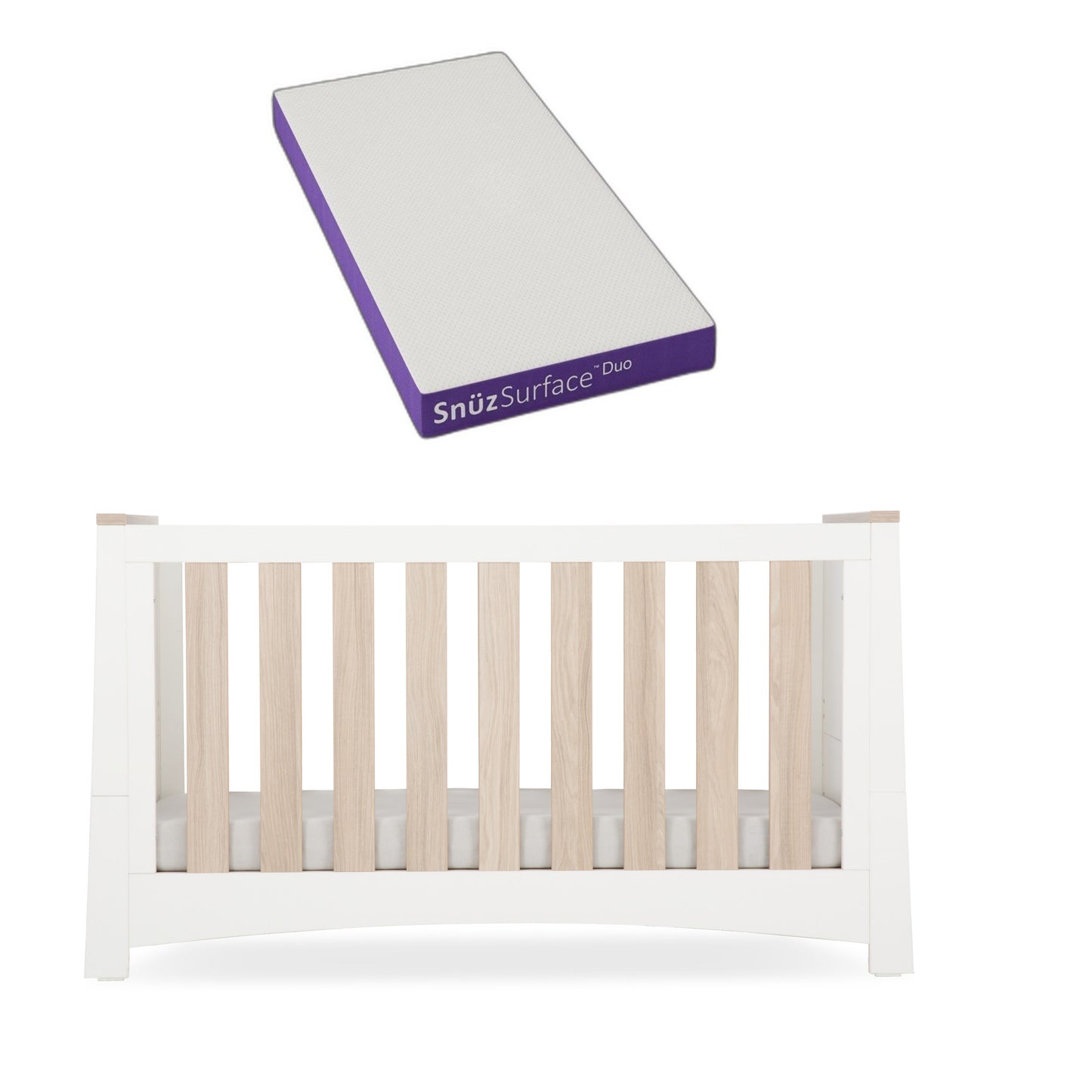 ADA cotbed in white ash with a snuz duo mattress