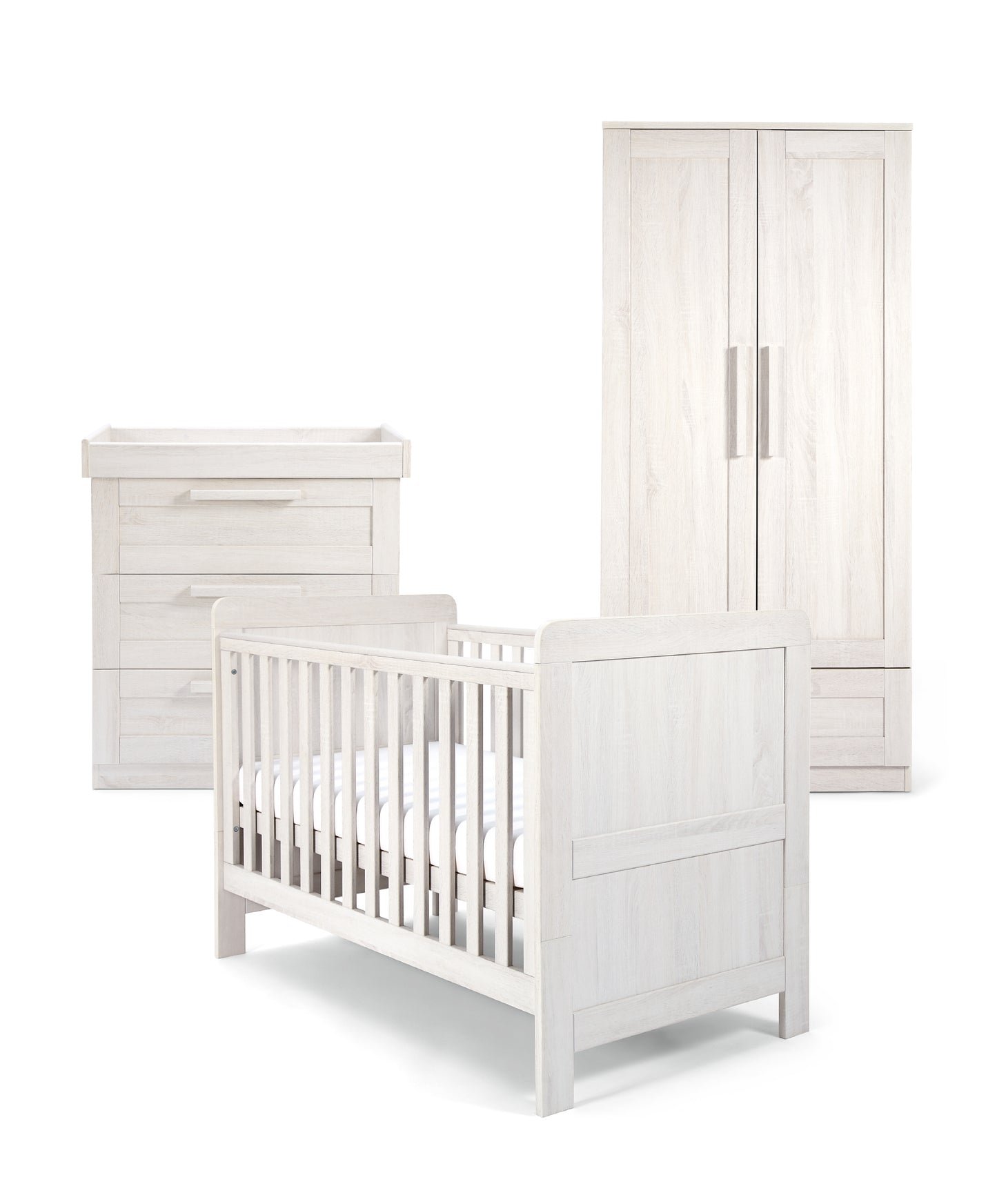 Mamas and Papas 3 piece bundle in nimbus white with cotbed and dresser and a wardrobe