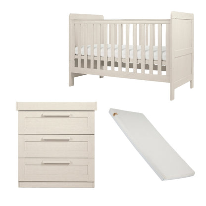 Cot bed and dresser with 3 drawers in stone colour, complete with lullaby mattress.