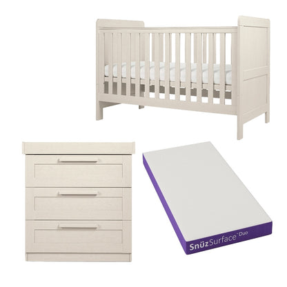 Cot bed and dresser with 3 drawers in stone colour, complete with snuz duo mattress.