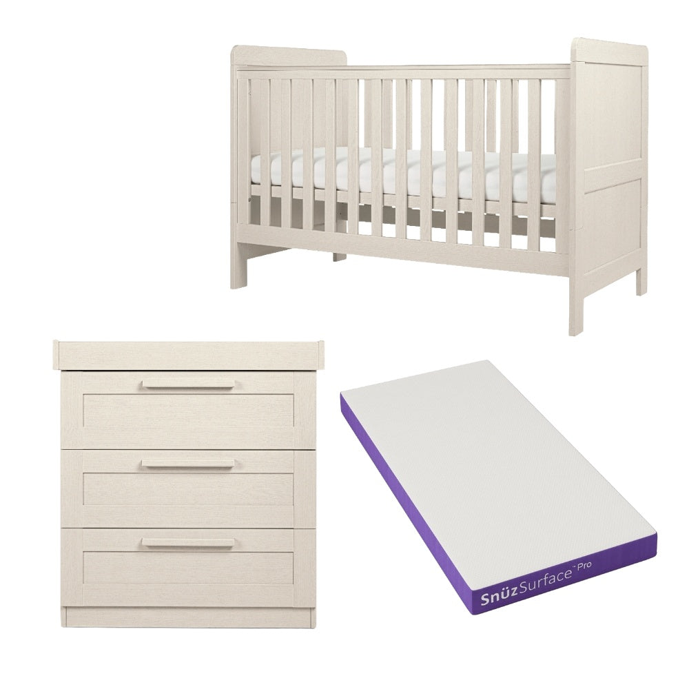 Cot bed and dresser with 3 drawers in stone colour, complete with snuz pro mattress.
