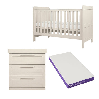 Cot bed and dresser with 3 drawers in stone colour, complete with snuz pro mattress.