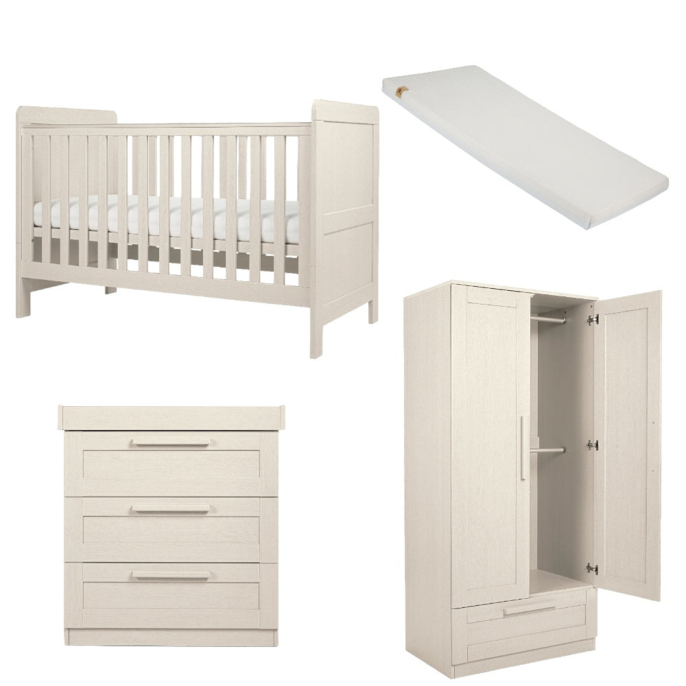 Cot bed, wardrobe and 3 drawer dresser set in stone colour, complete with lullaby mattress.