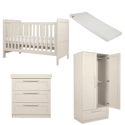 Cot bed, wardrobe and 3 drawer dresser set in stone colour, complete with lullaby mattress.