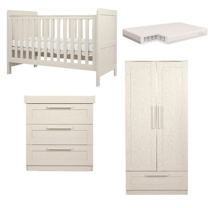 Cot bed, wardrobe and 3 drawer dresser set in stone colour, complete with CuddleCo signature pocket spring mattress.
