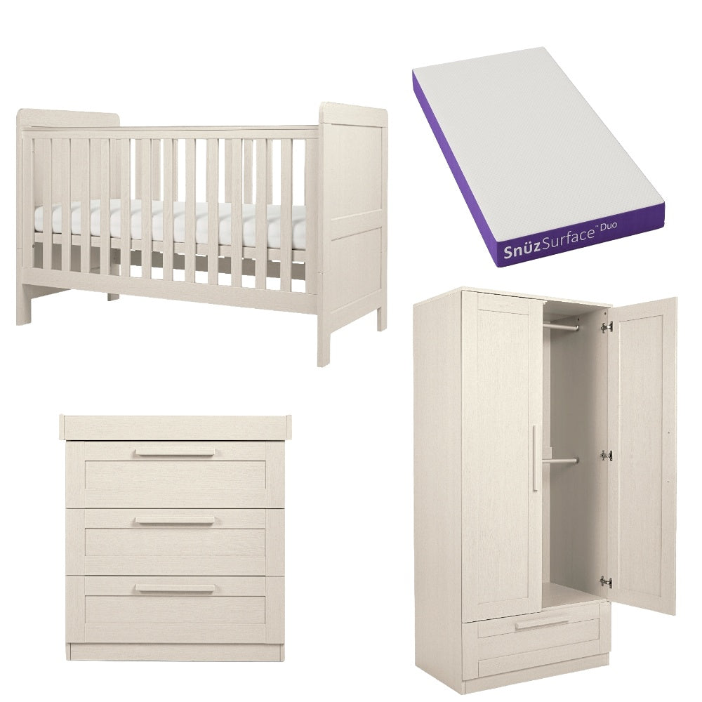 Cot bed, wardrobe and 3 drawer dresser set in stone colour, complete with snuz duo mattress.