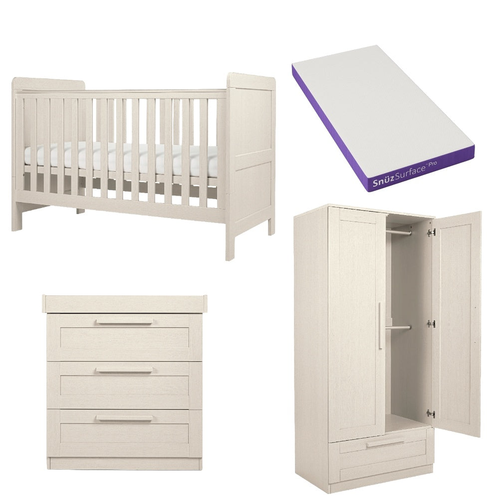 Cot bed, wardrobe and 3 drawer dresser set in stone colour, complete with snuz pro mattress.
