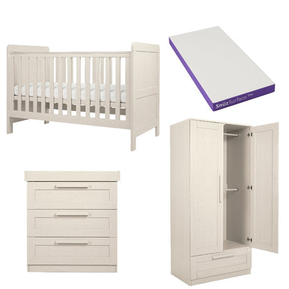Cot bed, wardrobe and 3 drawer dresser set in stone colour, complete with snuz pro mattress.