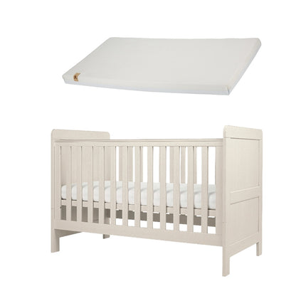 Cot bed with adjustable heights in stone colour, complete with lullaby mattress.