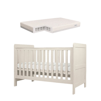 Cot bed with adjustable heights in stone colour, complete with CuddleCo signature pocket spring mattress.