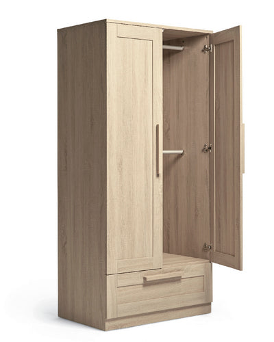 Mamas & Papas Atlas Wardrobe featuring a light oak design with door open