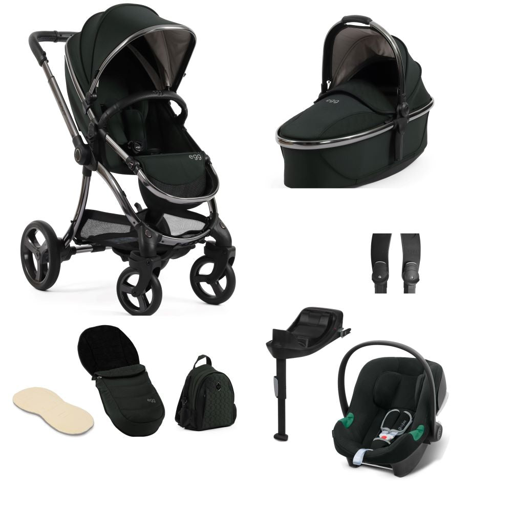 Egg 3 stroller in black olive including an aton b2 car seat and base and accessories