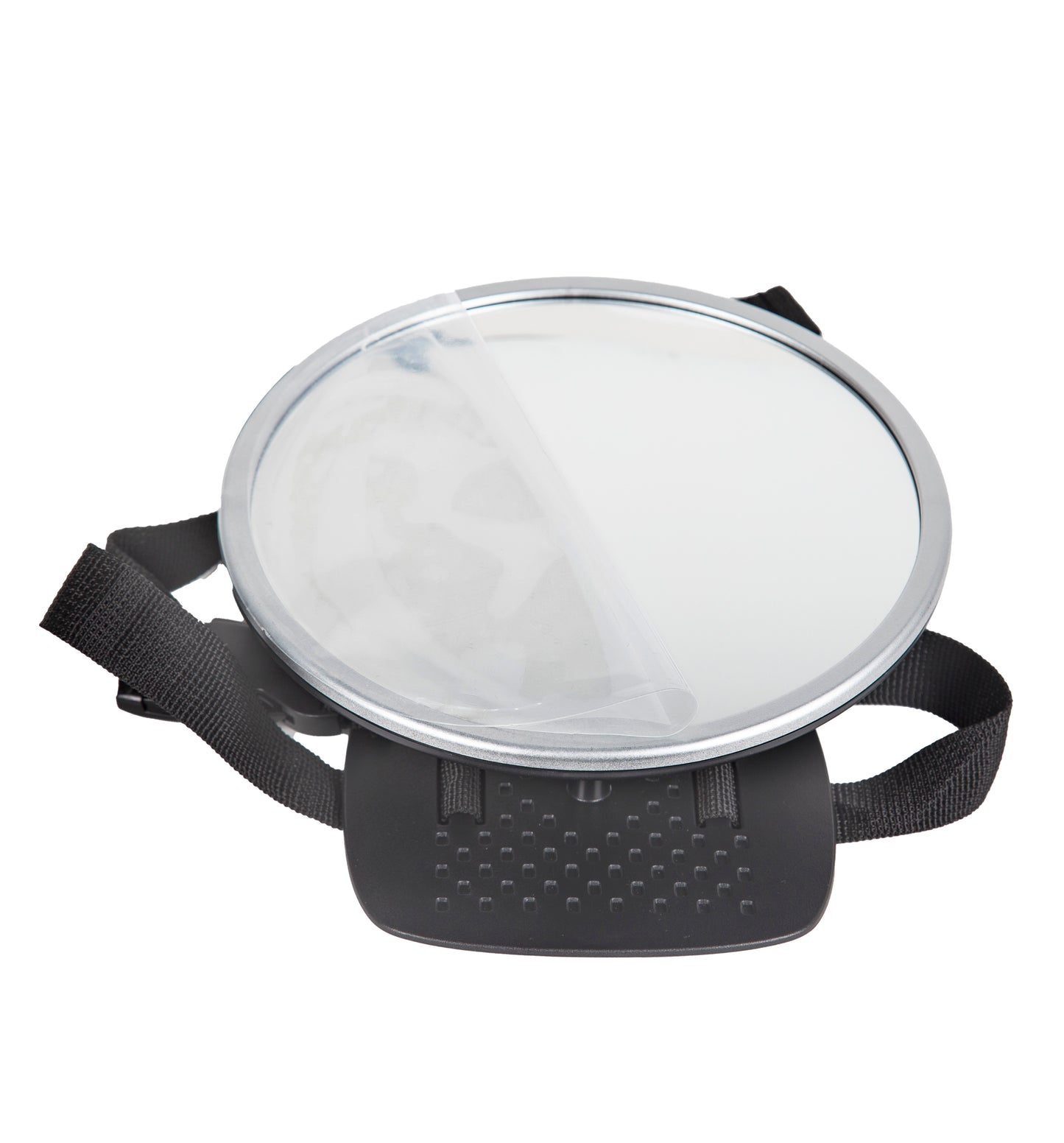 A 19cm round rearview mirror featuring a white circular plate and a black strap, facilitating child visibility.