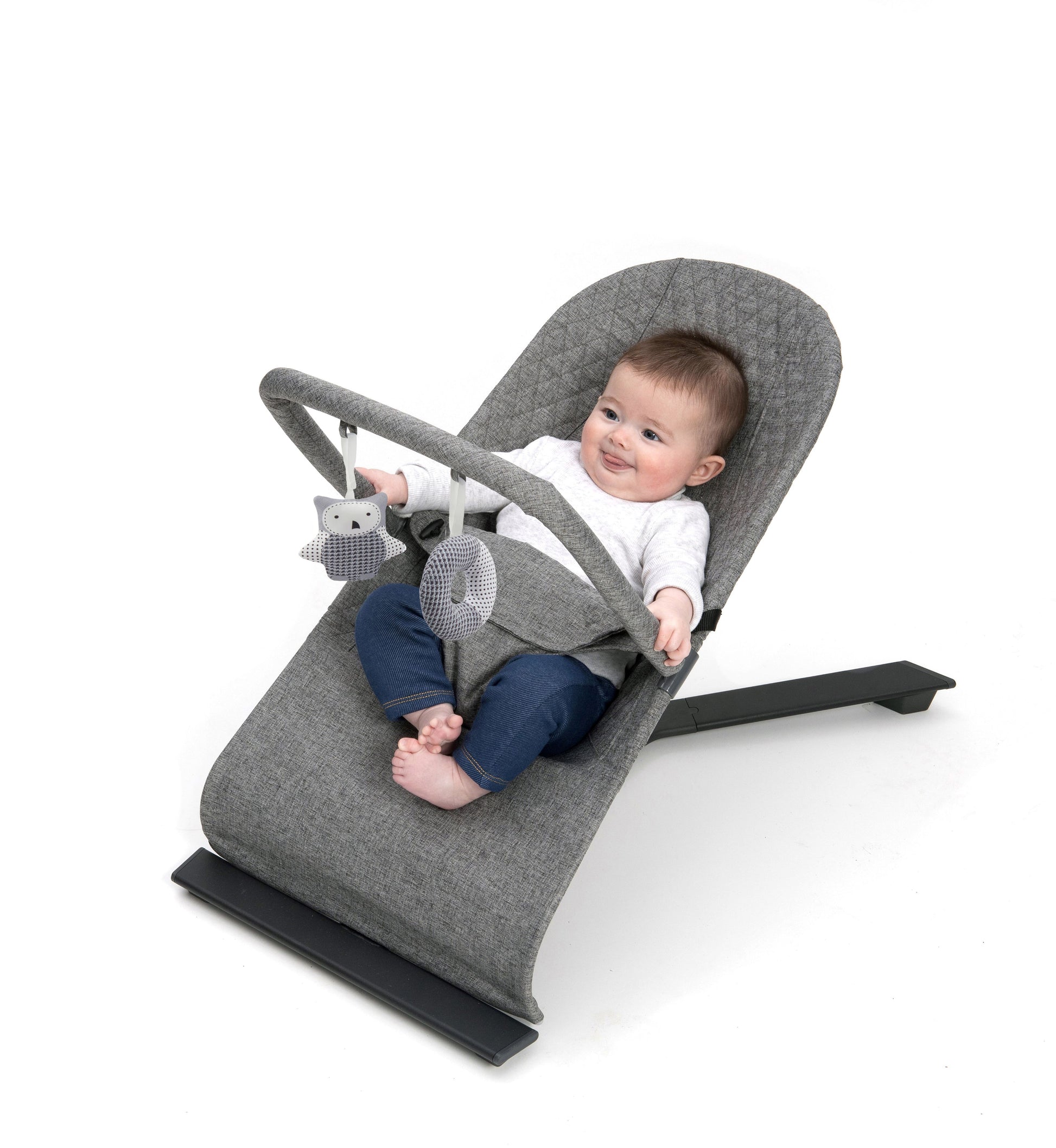 Stylish baby bouncer in grey melange, equipped with a three-position recline and a toy bar for playful engagement.