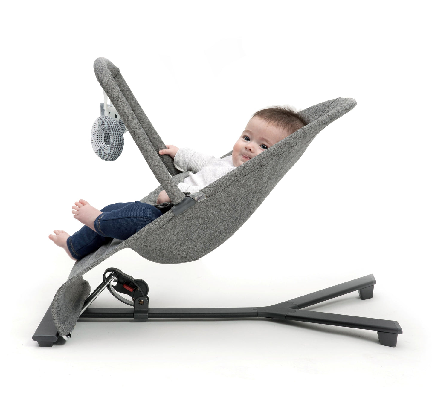 Stylish baby bouncer in grey melange, equipped with a three-position recline and a toy bar for playful engagement.