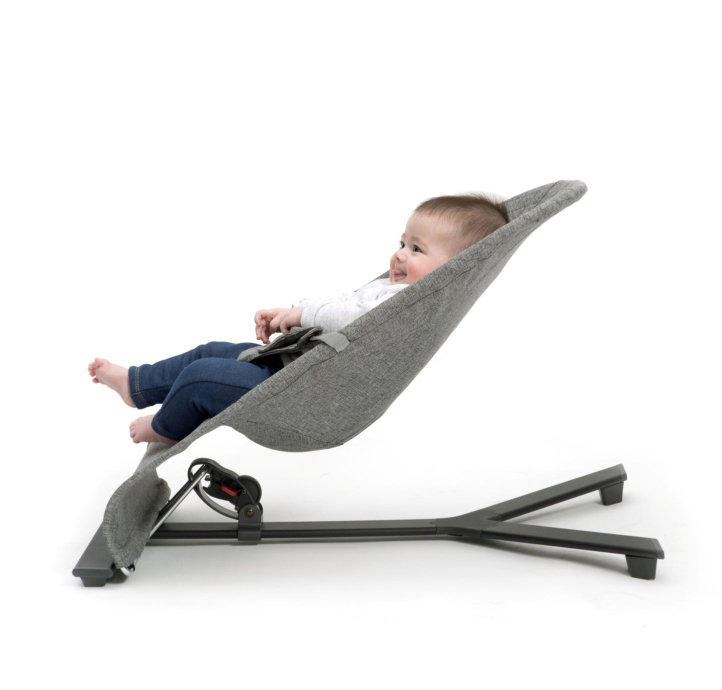 Stylish baby bouncer in grey melange, equipped with a three-position recline and a toy bar for playful engagement.