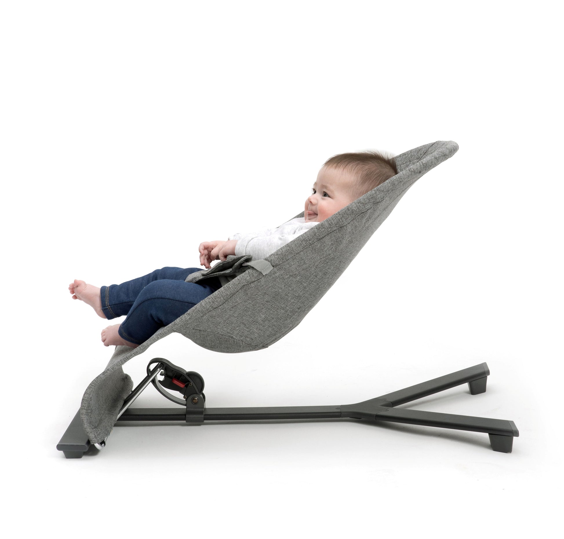 Stylish baby bouncer in grey melange, equipped with a three-position recline and a toy bar for playful engagement.