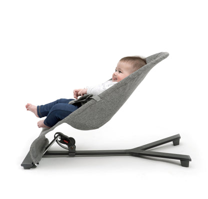 Stylish baby bouncer in grey melange, equipped with a three-position recline and a toy bar for playful engagement.