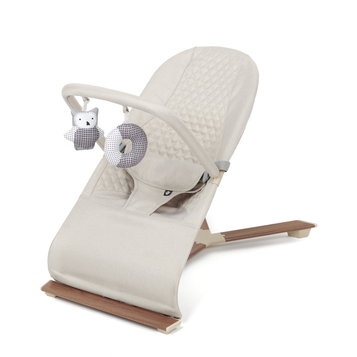 Stylish baby bouncer in Cashmere, equipped with a three-position recline and a toy bar for playful engagement.