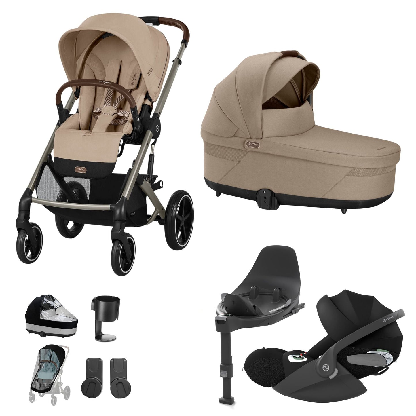 Cybex Balios travel system in almond beige with cloud T car seat and isofix base, but no footmuff.