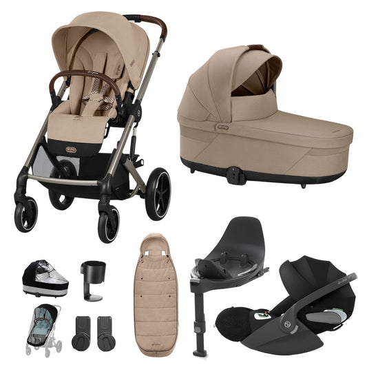 Cybex Balios travel system in almond beige with cloud T car seat and isofix base, and footmuff.