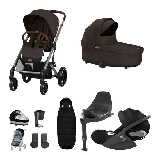 Cybex Balios travel system in chocolate brown with cloud T car seat and isofix base, and footmuff.