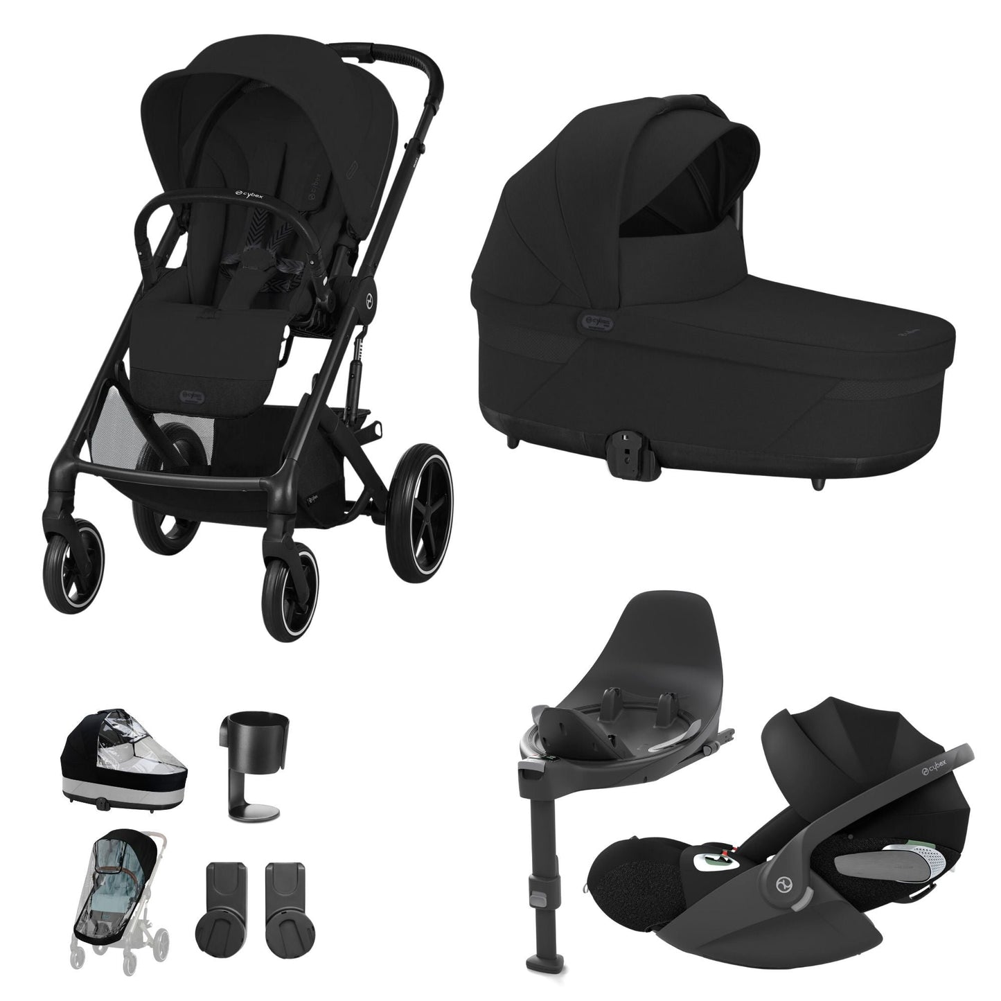 Cybex Balios travel system in moon black with cloud T car seat and isofix base, but no footmuff.