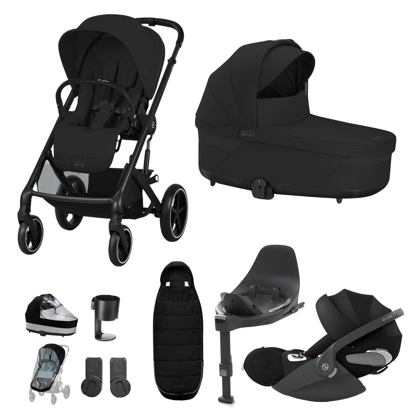 Cybex Balios travel system in moon black with cloud T car seat and isofix base, and footmuff.