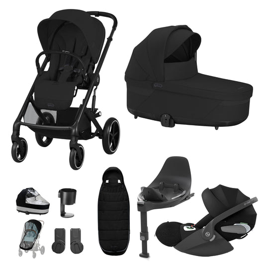 Cybex Balios travel system in moon black with cloud T car seat and isofix base, and footmuff.
