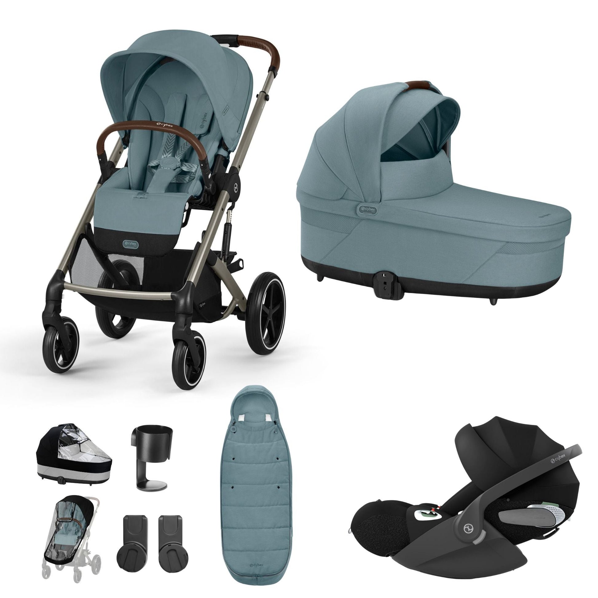 Cybex Balios travel system in stormy blue with cloud T car seat and footmuff, but no isofix base.