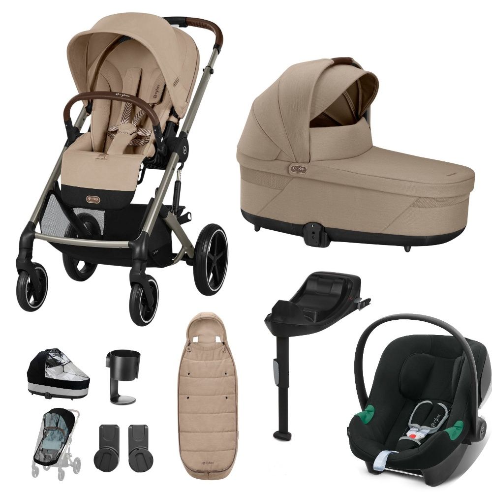 Cybex Balios travel system in almond beige with aton b2 car seat and isofix base, and footmuff.