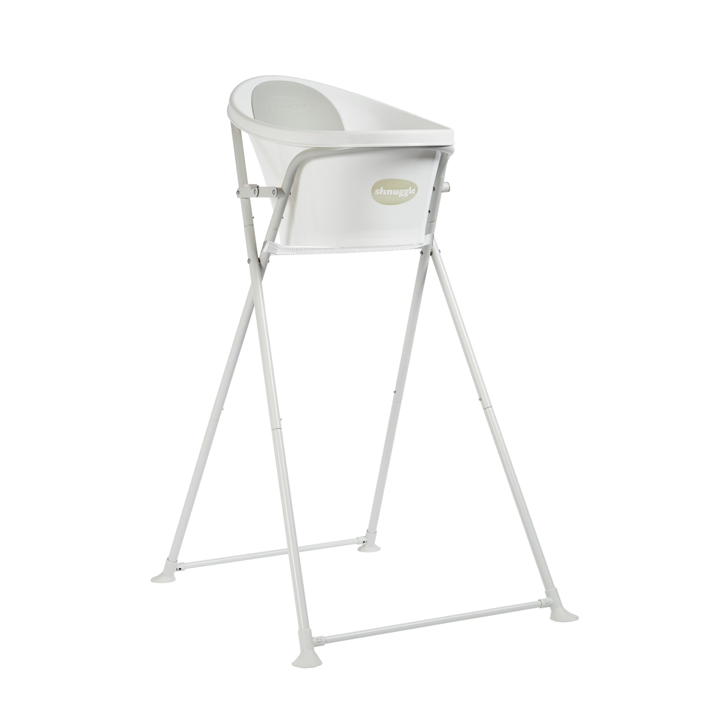 A grey stand with the shnuggle bath in white attached