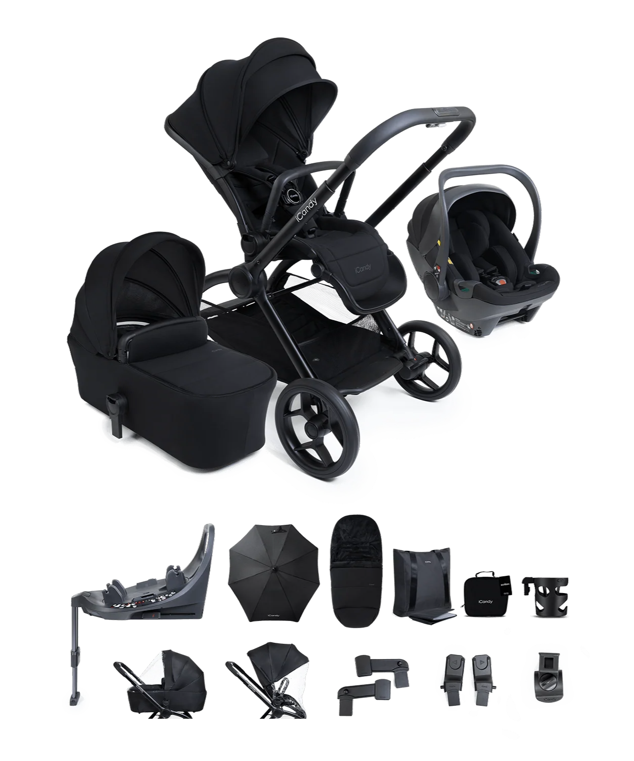 iCandy core 2 pushchair and accessory bundle in black colour way with 360 car seat and base.