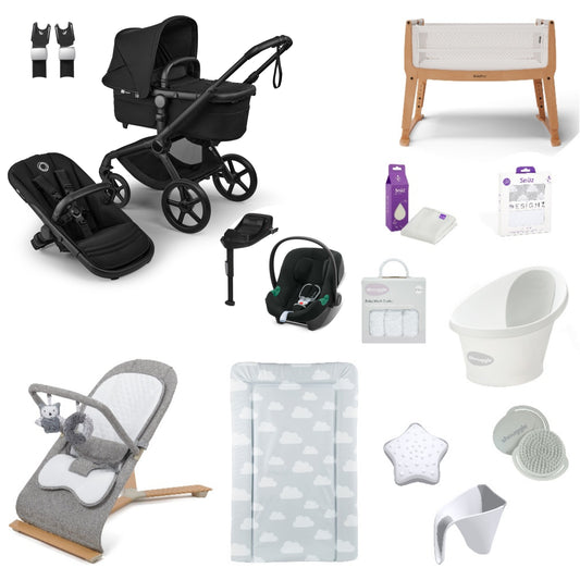 Bugaboo Pushchair & carrycot in Heritage Black with accessories, complete with all babies essential including car seat, crib, bath and bath time accessories.