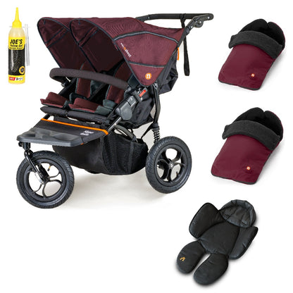 Out N About double nipper in bramble berry red with 2 footmuffs, and 1 newborn insert.