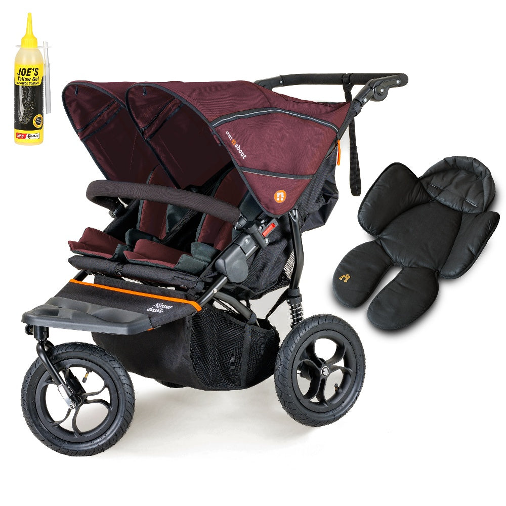 Out N About double nipper in bramble berry red with 1 newborn insert.