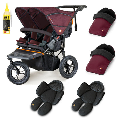 Out N About double nipper in bramble berry red with 2 footmuffs, and 2 newborn inserts.