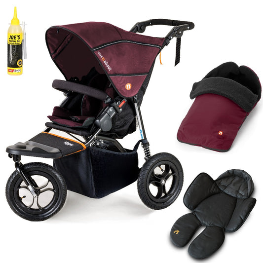 Out N About single nipper in bramble berry red with footmuff and newborn insert.