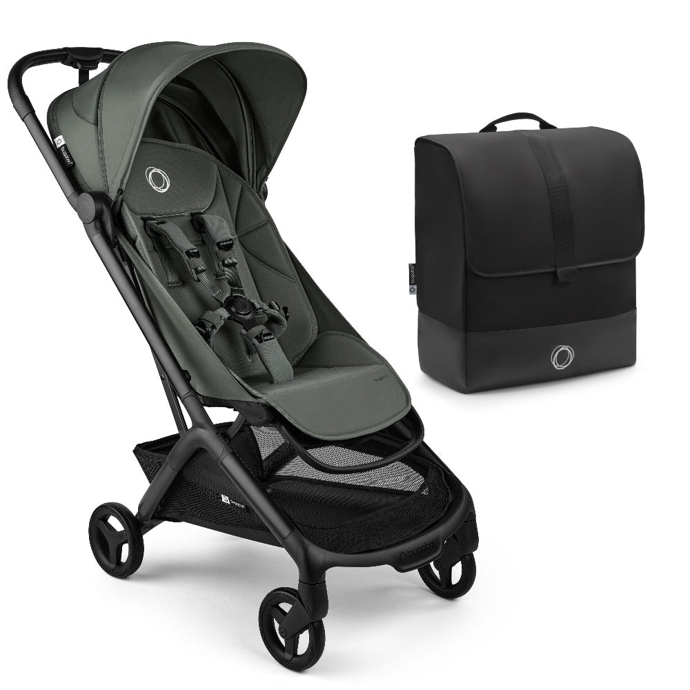 Bugaboo Butterfly2 stroller in forest green colour with transport bag.