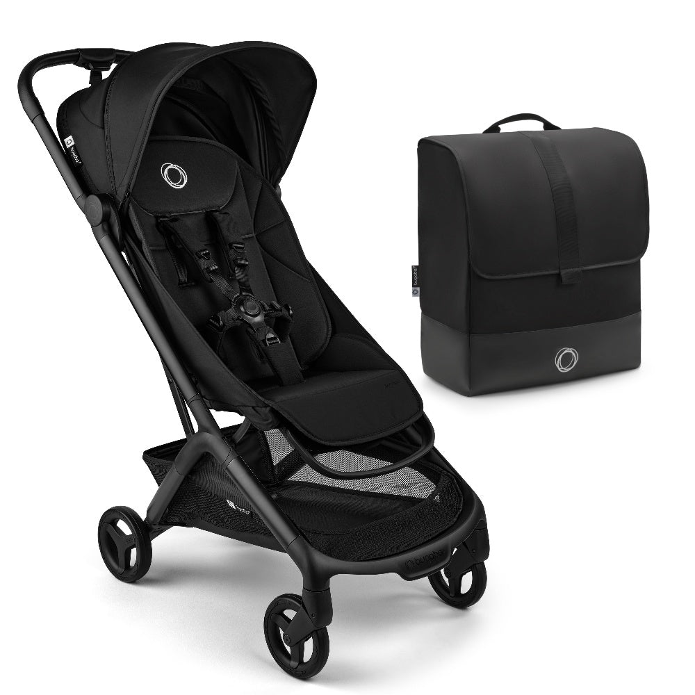 Bugaboo Butterfly2 stroller in midnight black colour with transport bag.