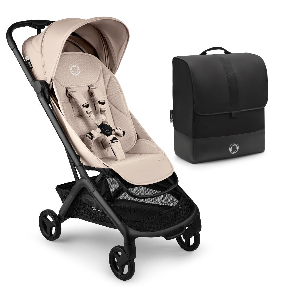 Bugaboo Butterfly2 stroller in desert taupe colour with transport bag.