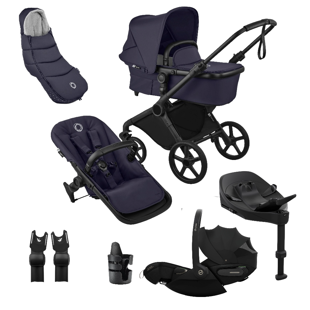 Bugaboo Cub travel system in deep indigo navy colour, with Cybex cloud S car seat and isofix base.