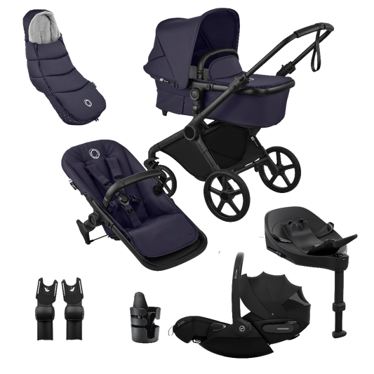 Bugaboo Cub travel system in deep indigo navy colour, with Cybex cloud S car seat and isofix base.