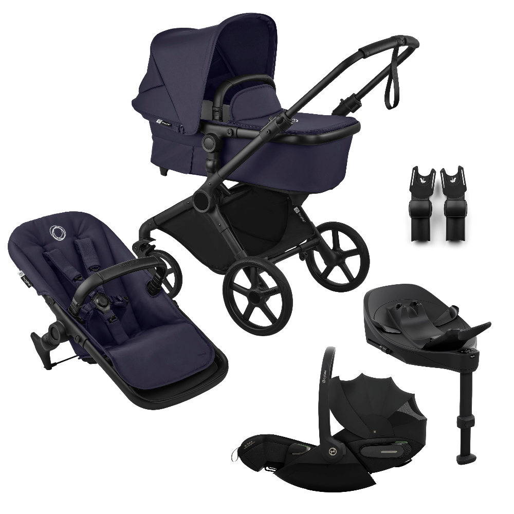 Bugaboo Cub travel system in deep indigo navy, complete with Cybex cloud S car seat and isofix base.