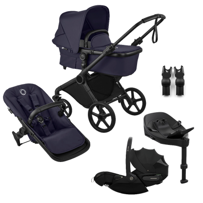 Bugaboo Cub travel system in deep indigo navy, complete with Cybex cloud S car seat and isofix base.