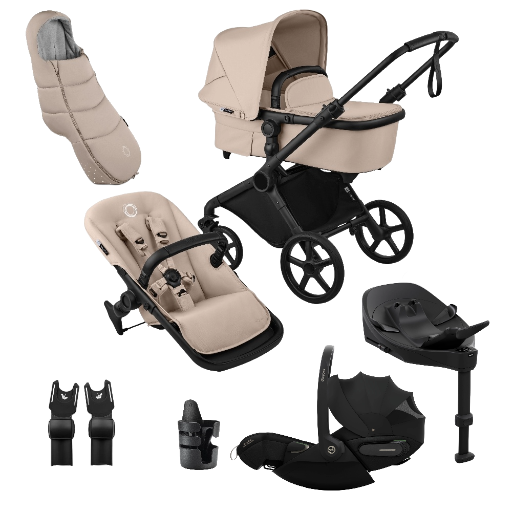 Bugaboo Cub travel system in desert taupe beige colour, with Cybex cloud S car seat and isofix base.