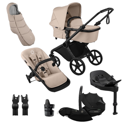 Bugaboo Cub travel system in desert taupe beige colour, with Cybex cloud S car seat and isofix base.