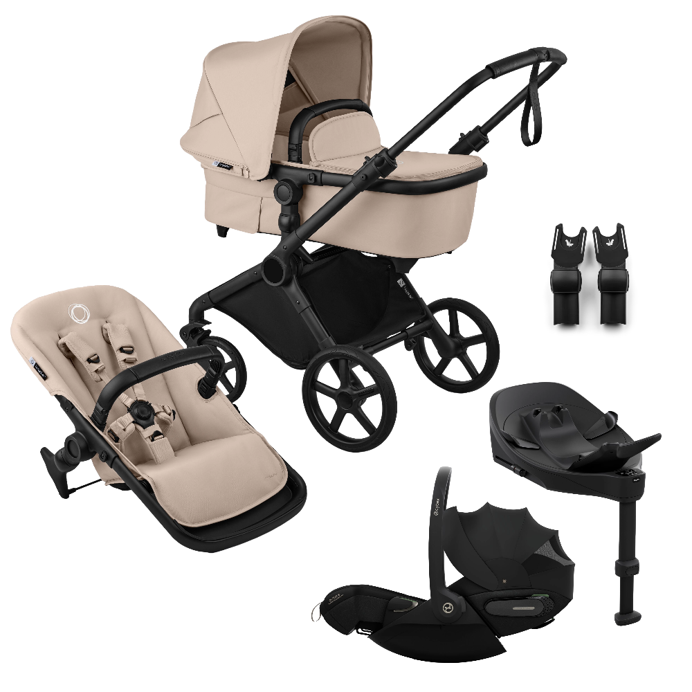 Bugaboo Cub travel system in desert taupe beige, complete with Cybex cloud S car seat and isofix base.